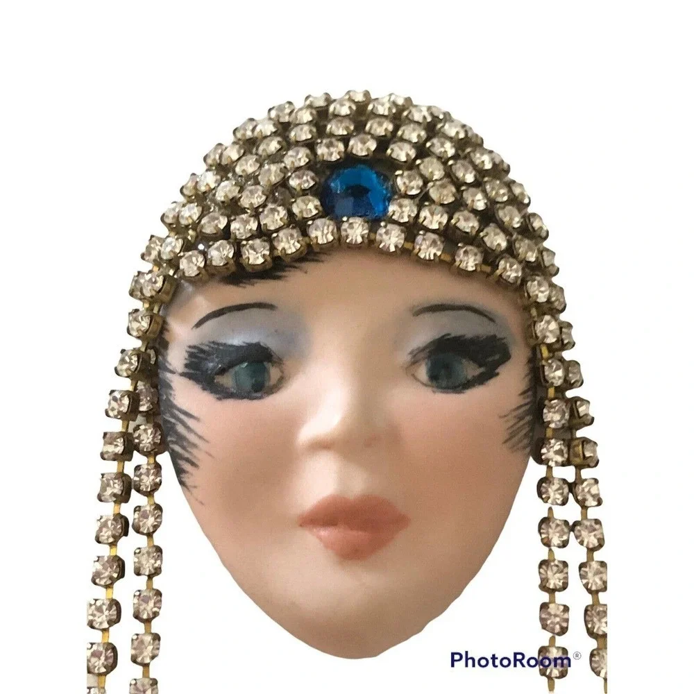 VINTAGE Art Deco Porcelain Face Brooch Pin Rhinestone Flapper Headdress